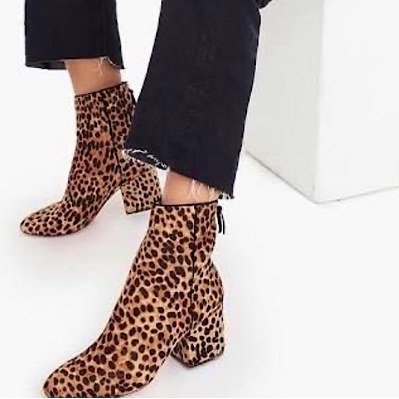 J Crew Sadie Leopard Calfskin Leather Heeled Ankle Boots 7.5 - Picture 1 of 14